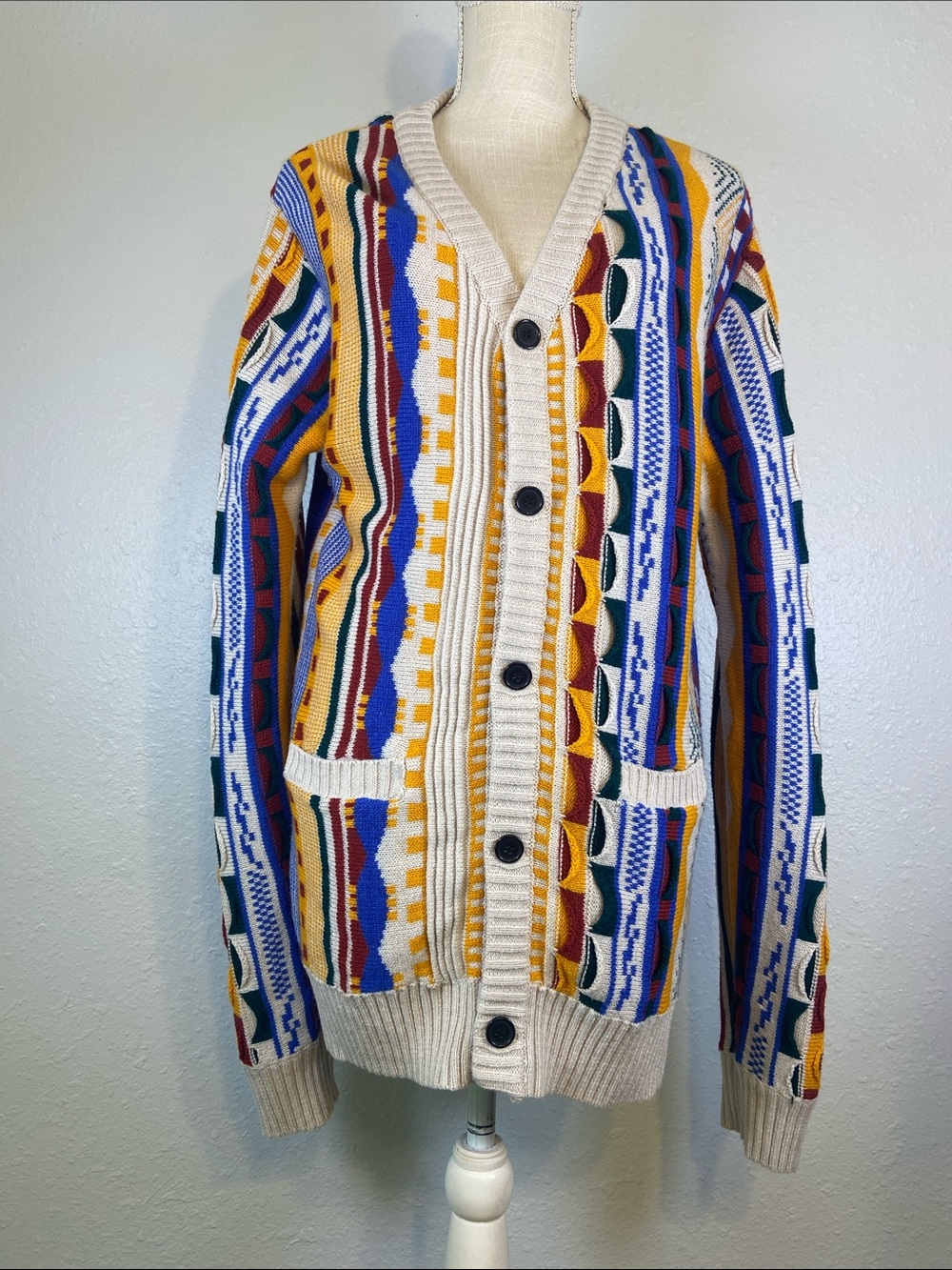 rue21 Multicolor Knit Coogi Style Vintage 90s Y2K Grandpa Sweater Cardigan Sz L